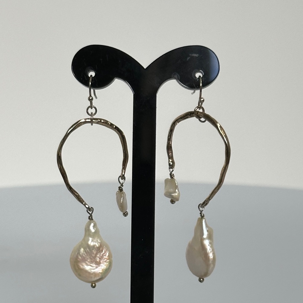Artisan Gold and Pearl Dangle Earrings